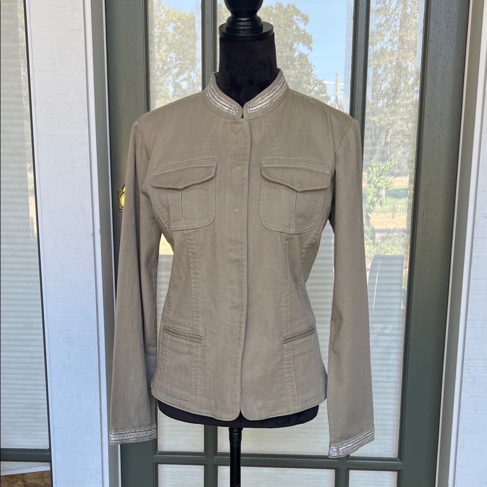Chicos Elegant Military Style Tan Jacket with beaded Accents